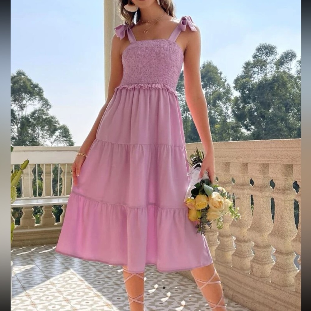 Lilac Shirred Ruffle Hem Cami Dress